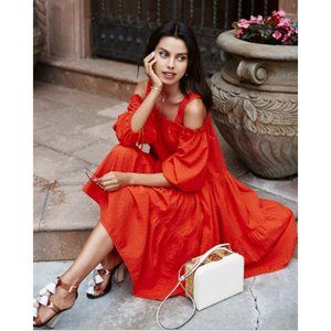 H&M Red Cold Shoulder Boho Tassel Midi Dress